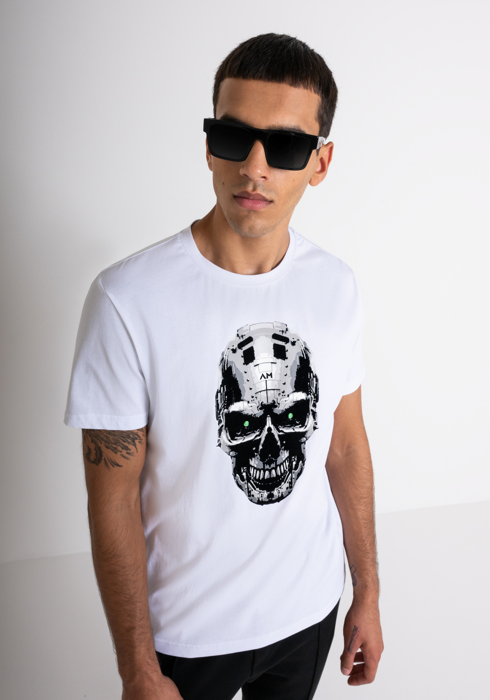 CAMISETA SLIM FIT DE JERSEY DE ALGODON BLANCO CON ESTAMPADO DE CALAVERA CIBERNETICA Antony Morato