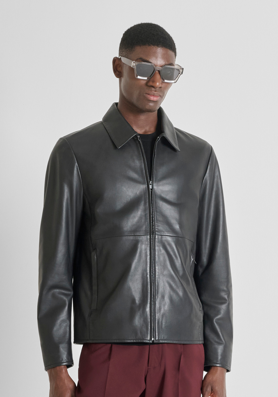 SLIM FIT WASHED EFFECT LEATHER JACKET - Antony Morato Online Shop