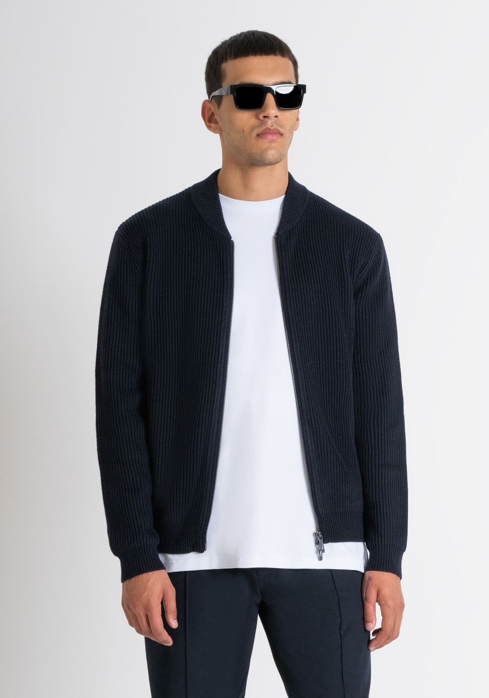 REGULAR FIT SWEATER WITH ZIP IN BLUE WORKED WOOL BLEND Antony Morato