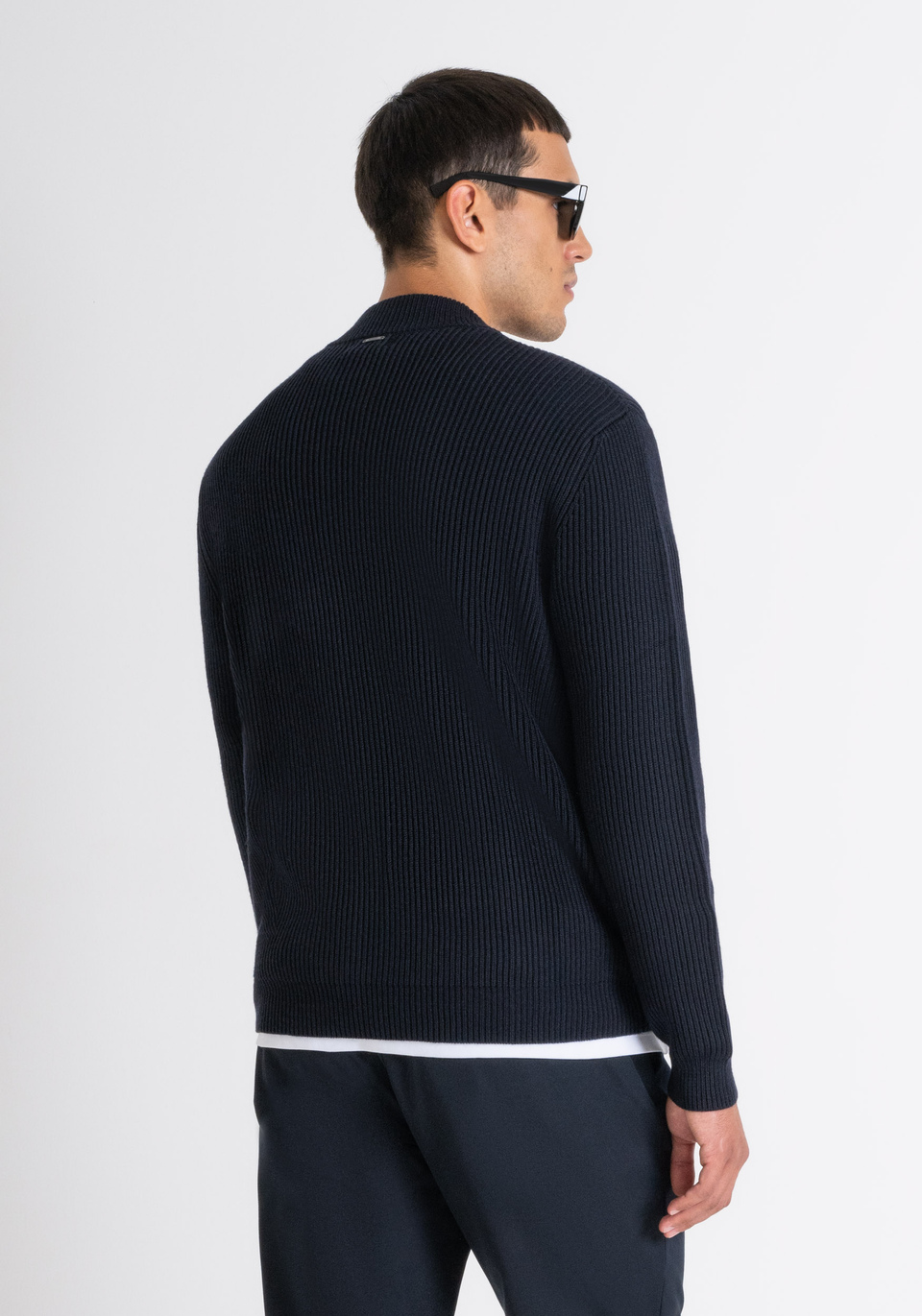 REGULAR FIT SWEATER WITH ZIP IN BLUE WORKED WOOL BLEND - Antony Morato Online Shop