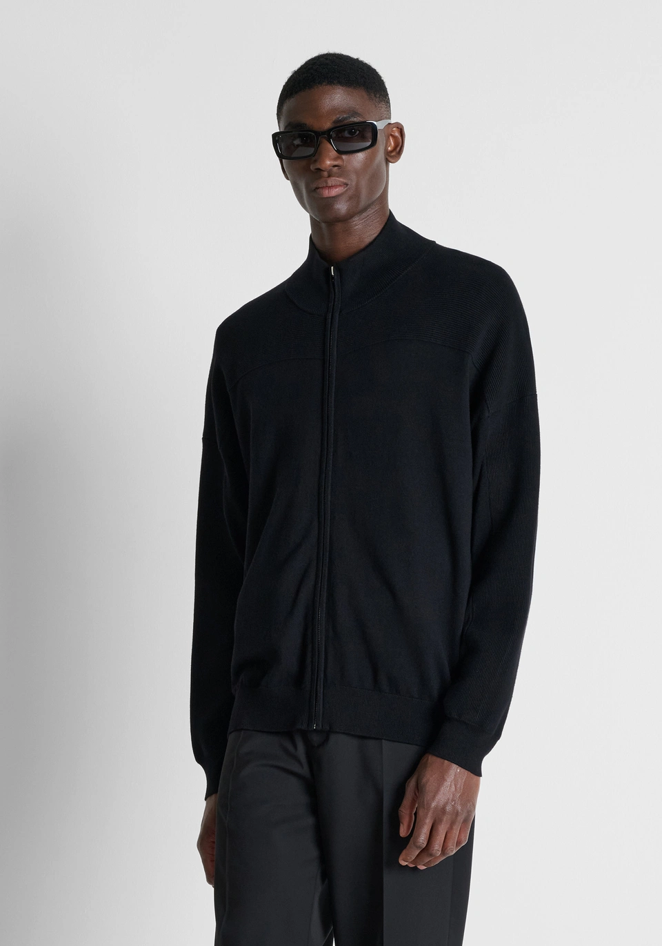 Black relaxed-fit zip turtleneck cardigan in super-soft viscose