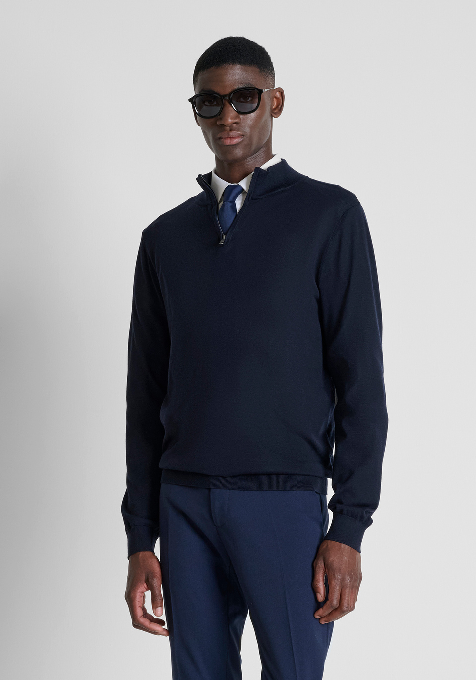Ink blue regular-fit zip turtleneck sweater in super-soft wool