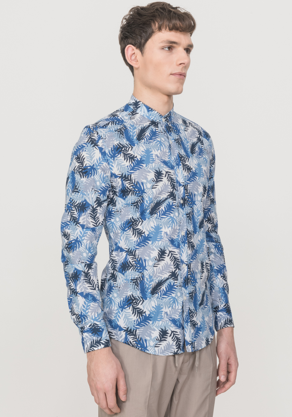 SLIM-FIT MANDARIN-COLLAR SHIRT IN 100% COTTON POPLIN WITH PRINT - Antony Morato Online Shop