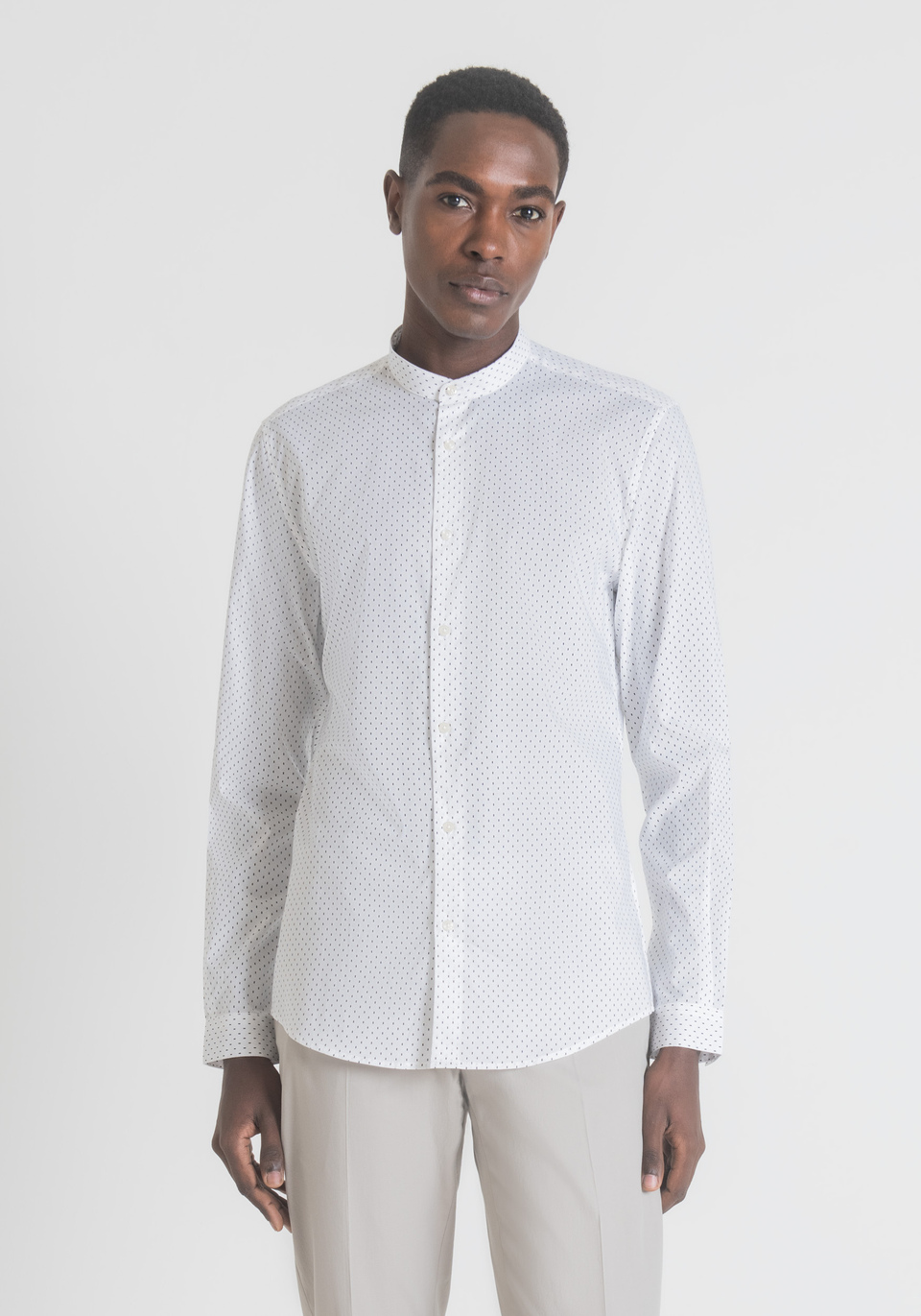 SLIM-FIT SHIRT IN SOFT-TOUCH PURE COTTON WITH KOREAN COLLAR AND POLKA DOT MICRO PATTERN - Antony Morato Online Shop