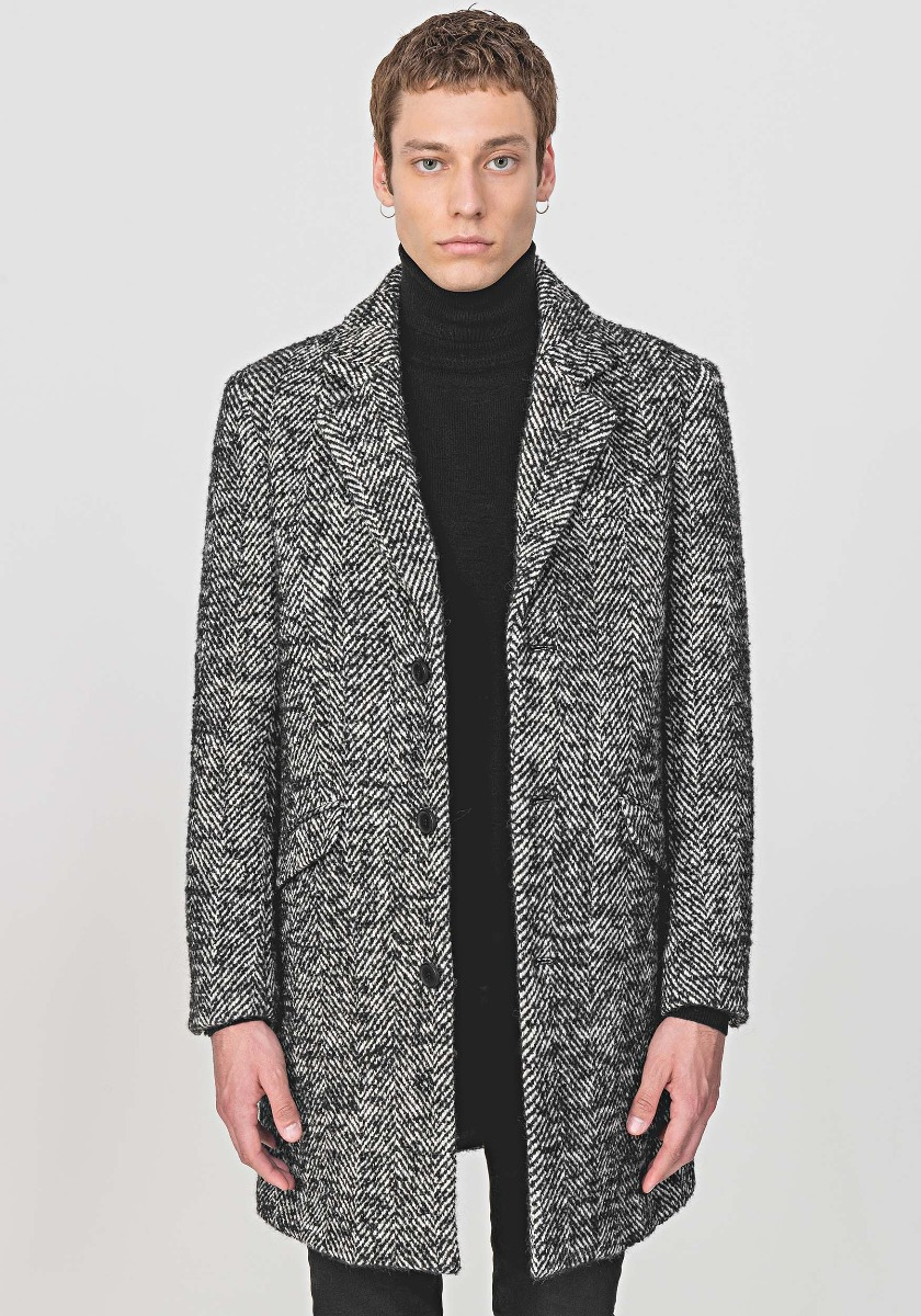 LONGLINE COAT IN A WARM HERRINGBONE WOOL BLEND - Antony Morato Online Shop