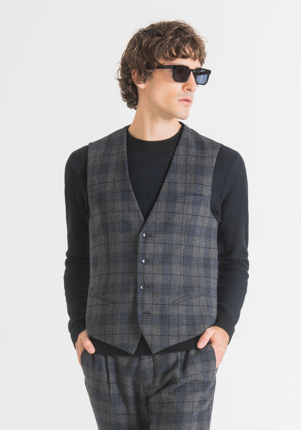 SLIM FIT WOOL-BLEND WAISTCOAT WITH PRINCE OF WALES PATTERN - Antony Morato Online Shop