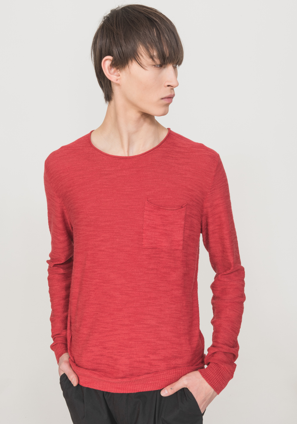 CREW-NECK SWEATER WITH BREAST POCKET AND RAW-CUT EDGES - Antony Morato Online Shop