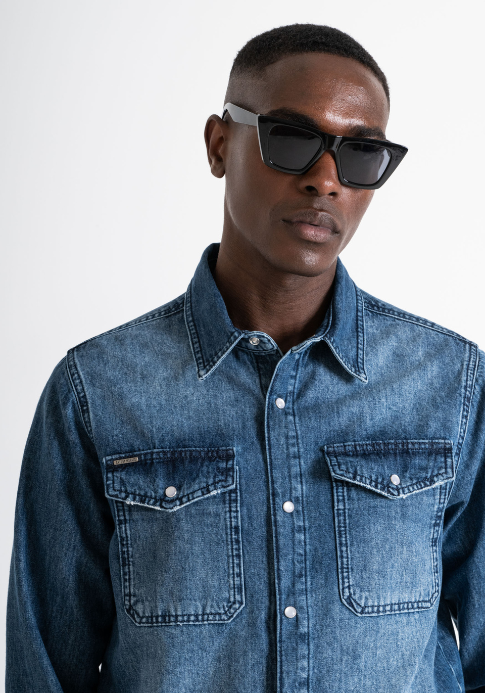 REGULAR FIT SHIRT IN BLU DENIM - Antony Morato Online Shop