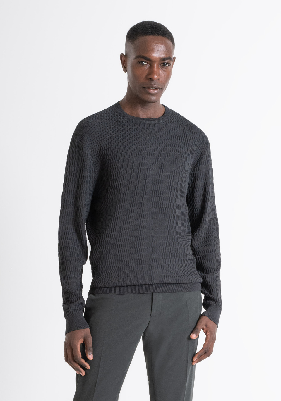 REGULAR FIT GREEN CREW NECK SWEATER IN VISCOSE BLEND JACQUARD - Antony Morato Online Shop