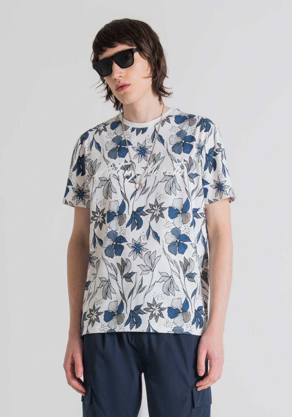 SLIM-FIT PRINTED T-SHIRT IN PURE COTTON WITH LOGO AND FLORAL PRINT - Antony Morato Online Shop