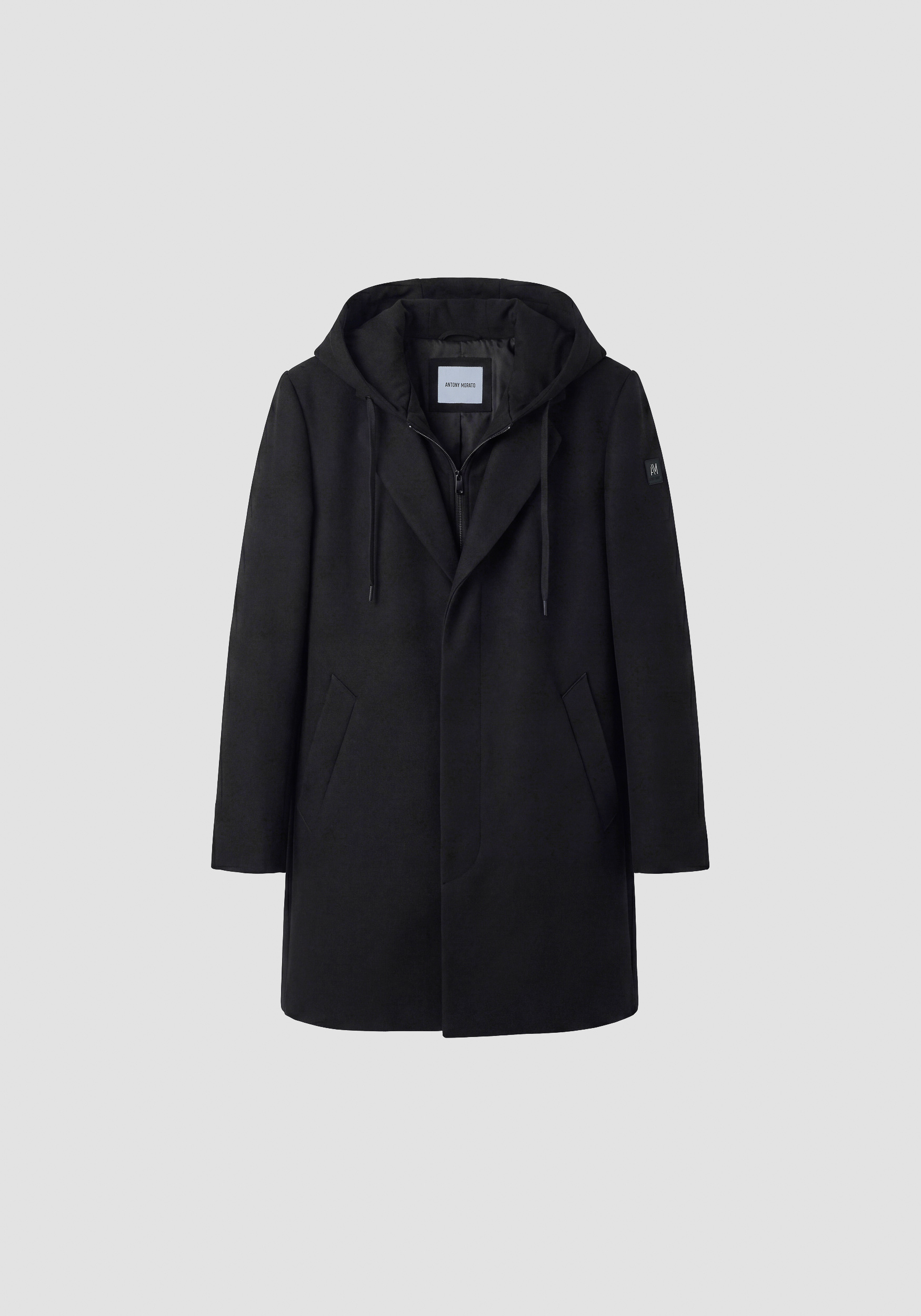Black regular-fit coat in viscose twill with detachable part