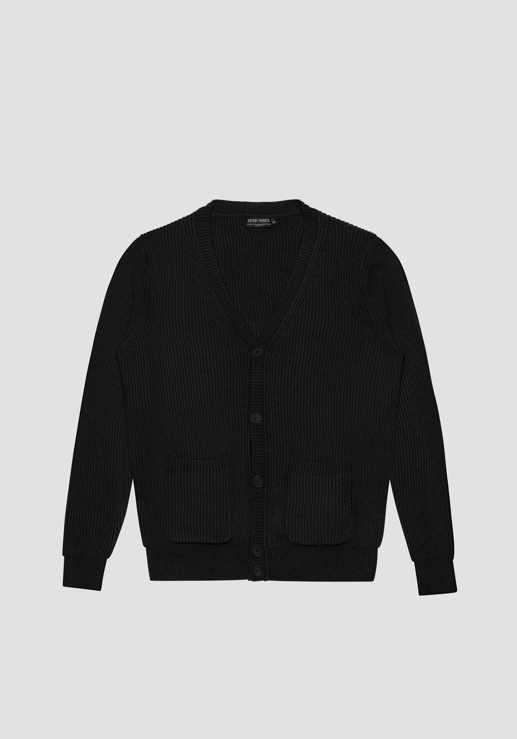 REGULAR FIT CARDIGAN IN BLACK WORKED WOOL BLEND | Antony Morato