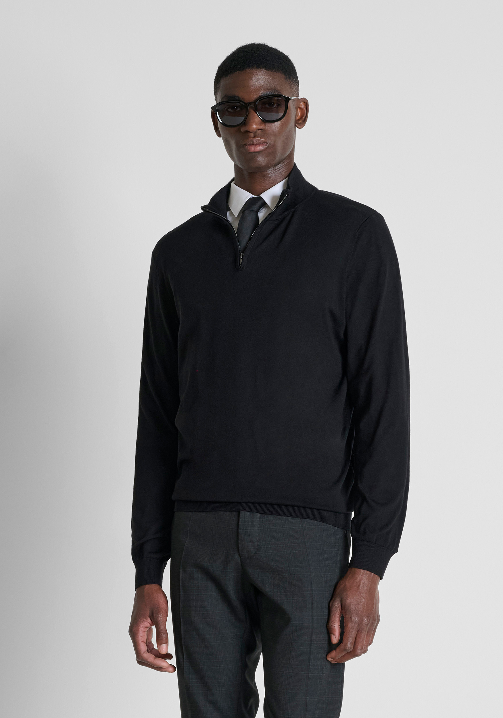 Black regular-fit zip turtleneck sweater in super-soft wool blend