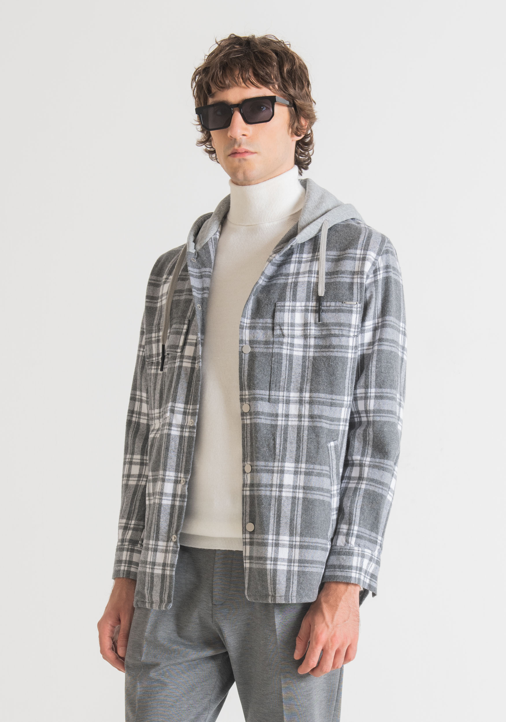 REGULAR FIT PURE COTTON CHECKED SHIRT WITH LARGE POCKETS AND HOOD
